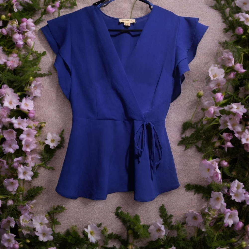 Monteau Blue Faux Wrap Blouse Size Small